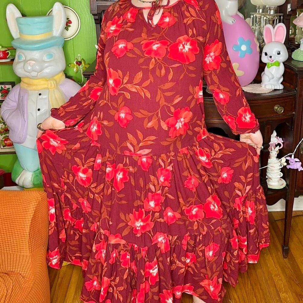 Boho cottagecore fairycore burgundy red floral longsleeve tiered maxi dress